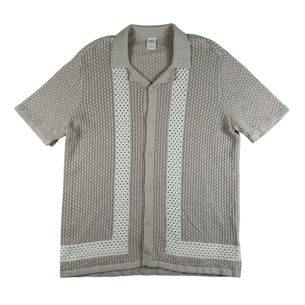 Hollister Shirt Mens Large Beige Open Knit Crochet Short Sleeve Button Front